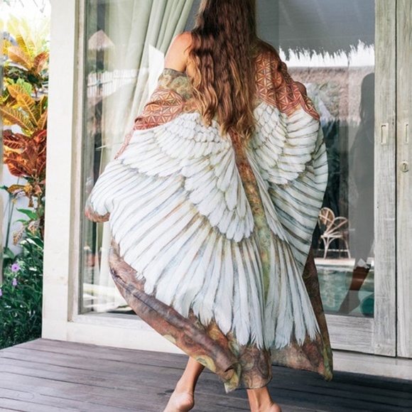 Bohemian Feather Wings Geo Print Kimono Beach Cover up - Picture 13 of 13